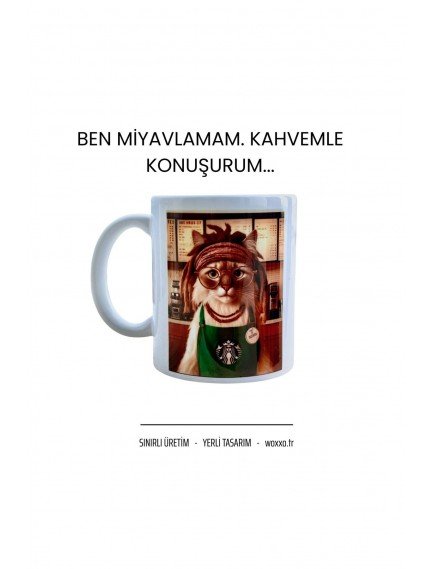 Barista Kedi Tasarımlı Eğlenceli Kupa - Seramik