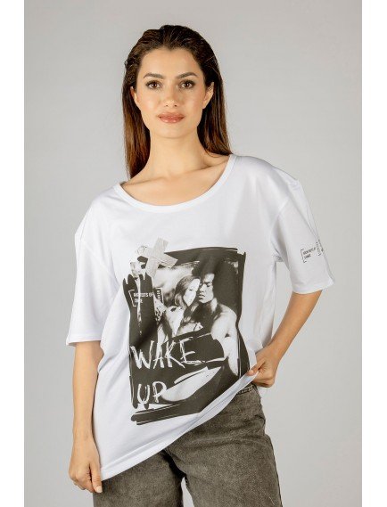 Woxxo Wake Up Baskılı Unisex Oversize T-Shirt -Beyaz Lycralı Modal/Pamuk