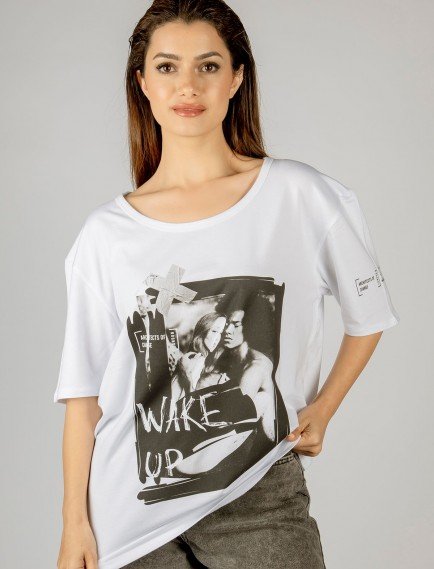 Woxxo Wake Up Baskılı Unisex Oversize T-Shirt -Beyaz Lycralı Modal/Pamuk Woxxo Wake Up Baskılı Unisex Oversize T-Shirt -Beyaz Lycralı Modal/Pamuk