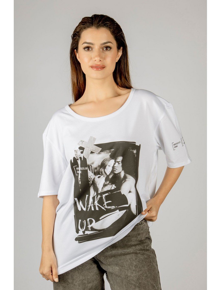 Woxxo Wake Up Baskılı Unisex Oversize T-Shirt -Beyaz Lycralı Modal/Pamuk Woxxo Wake Up Baskılı Unisex Oversize T-Shirt -Beyaz Lycralı Modal/Pamuk