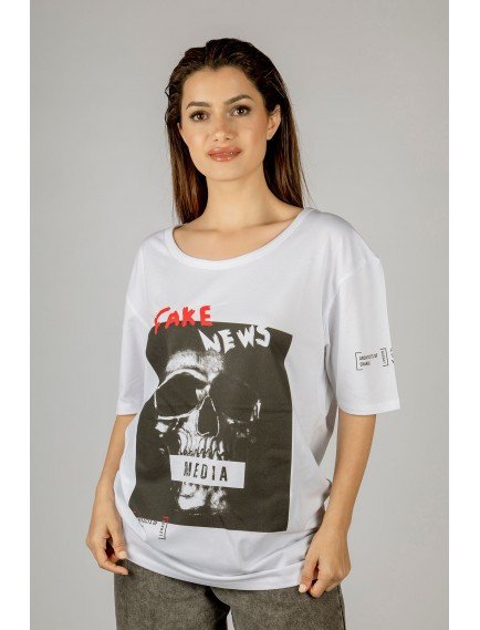 Woxxo Fake News Baskılı Unisex Oversize T-Shirt -Beyaz Lycralı Modal/Pamuk