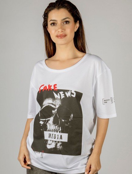 Woxxo Fake News Baskılı Unisex Oversize T-Shirt -Beyaz Lycralı Modal/Pamuk