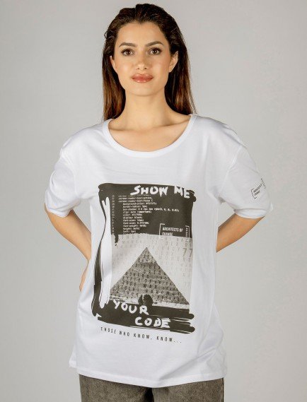 Woxxo Show me your code Baskılı Unisex Oversize T-Shirt -Beyaz Lycralı Modal/Pamuk