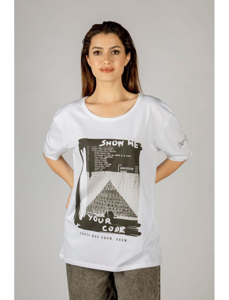 Woxxo Show me your code Baskılı Unisex Oversize T-Shirt -Beyaz Lycralı Modal/Pamuk Woxxo Show me your code Baskılı Unisex Oversize T-Shirt -Beyaz Lycralı Modal/Pamuk