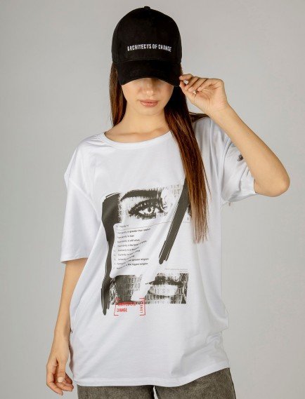 Woxxo Humanity Baskılı Unisex Oversize T-Shirt -Beyaz Lycralı Modal/Pamuk