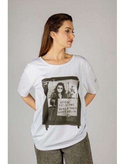 Woxxo Glow from the world Baskılı Unisex Oversize T-Shirt -Beyaz Lycralı Modal/Pamuk