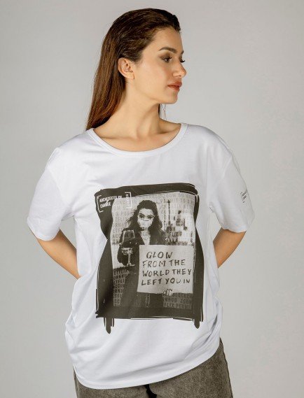 Woxxo Glow from the world Baskılı Unisex Oversize T-Shirt -Beyaz Lycralı Modal/Pamuk