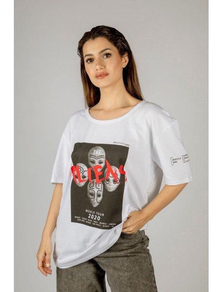 Woxxo Aliens Baskılı Unisex Oversize T-Shirt -Beyaz Lycralı Modal/Pamuk