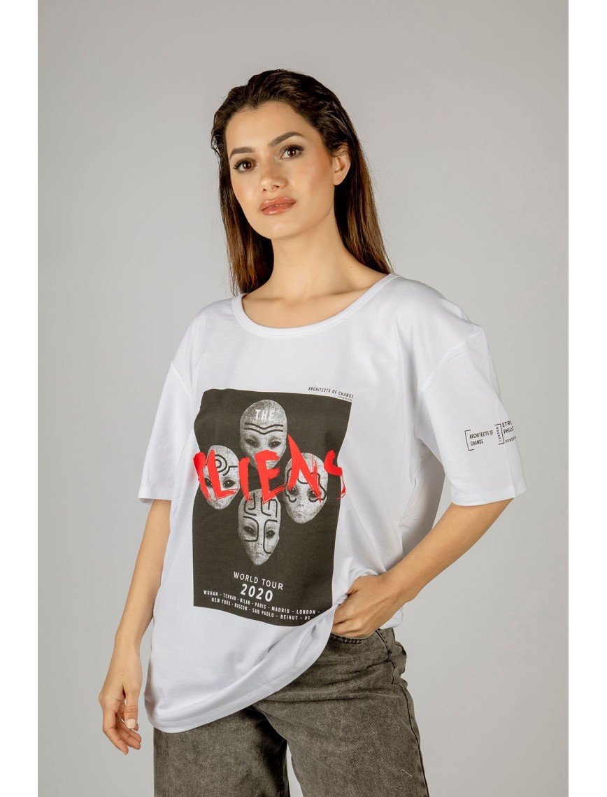 Woxxo Aliens Baskılı Unisex Oversize T-Shirt -Beyaz Lycralı Modal/Pamuk Woxxo Aliens Baskılı Unisex Oversize T-Shirt -Beyaz Lycralı Modal/Pamuk