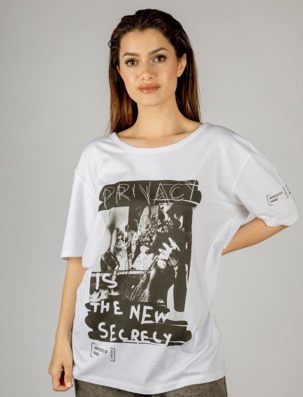 Woxxo Privacy Baskılı Unisex Oversize T-Shirt -Beyaz Lycralı Modal/Pamuk