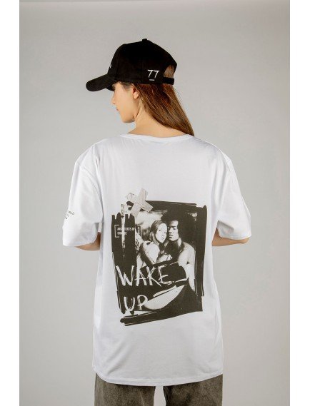 Woxxo Wake Up Baskılı Unisex Oversize T-Shirt -Beyaz Lycralı Modal/Pamuk