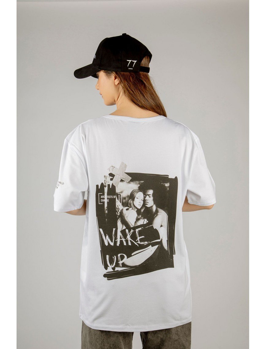 Woxxo Wake Up Baskılı Unisex Oversize T-Shirt -Beyaz Lycralı Modal/Pamuk Woxxo Wake Up Baskılı Unisex Oversize T-Shirt -Beyaz Lycralı Modal/Pamuk