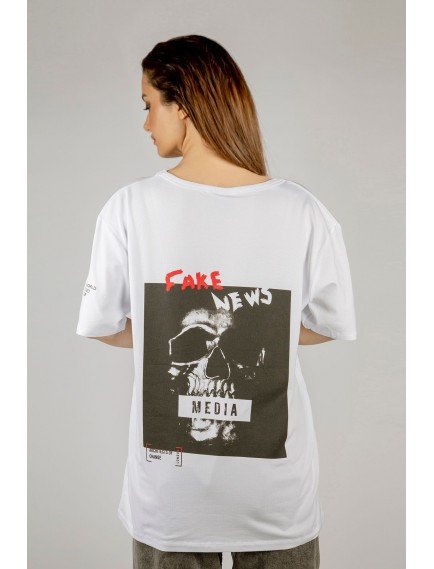 Woxxo Fake News Baskılı Unisex Oversize T-Shirt -Beyaz Lycralı Modal/Pamuk