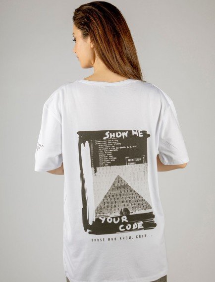 Woxxo Show me your code Baskılı Unisex Oversize T-Shirt -Beyaz Lycralı Modal/Pamuk