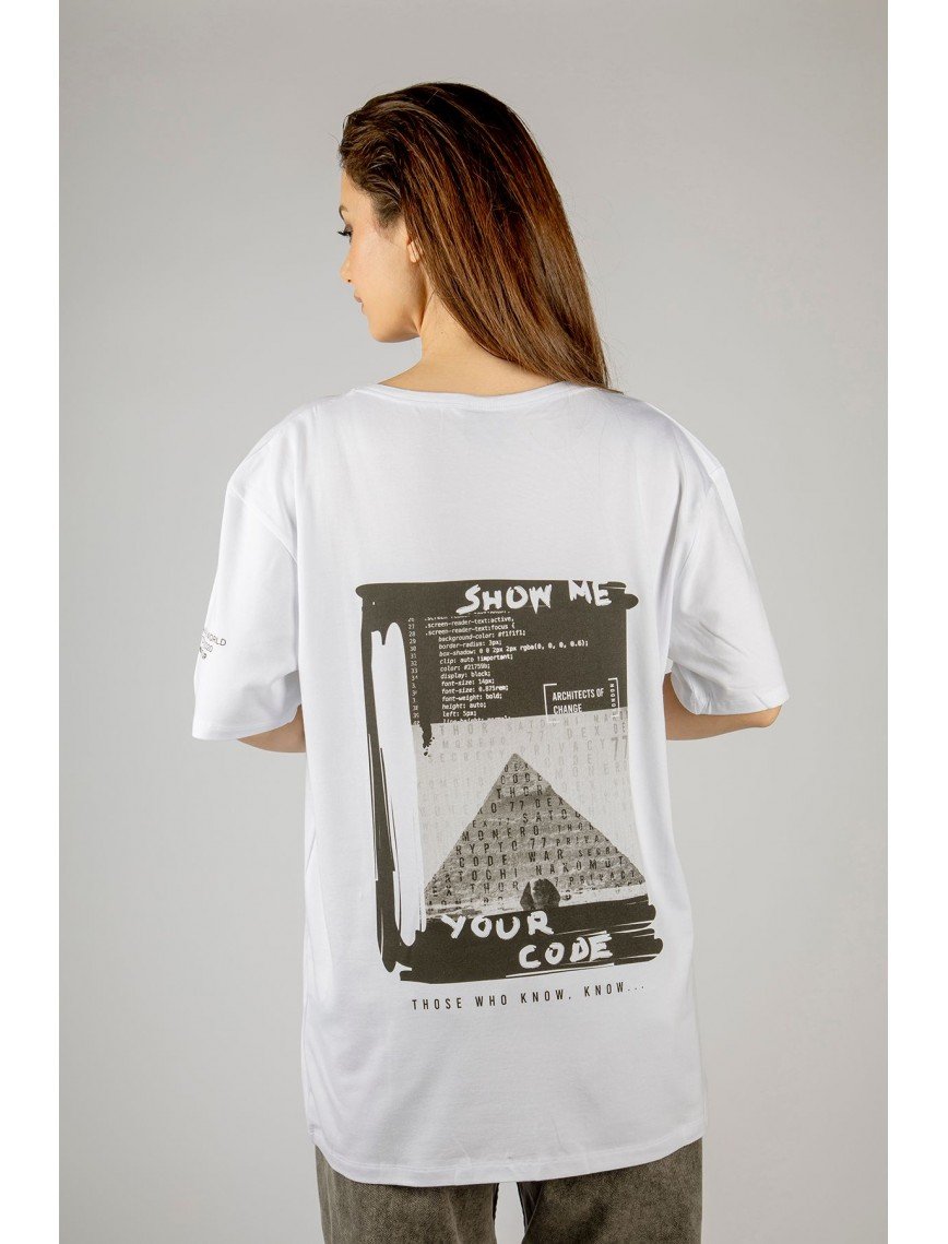 Woxxo Show me your code Baskılı Unisex Oversize T-Shirt -Beyaz Lycralı Modal/Pamuk Woxxo Show me your code Baskılı Unisex Oversize T-Shirt -Beyaz Lycralı Modal/Pamuk