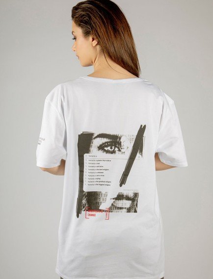 Woxxo Humanity Baskılı Unisex Oversize T-Shirt -Beyaz Lycralı Modal/Pamuk