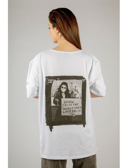 Woxxo Glow from the world Baskılı Unisex Oversize T-Shirt -Beyaz Lycralı Modal/Pamuk