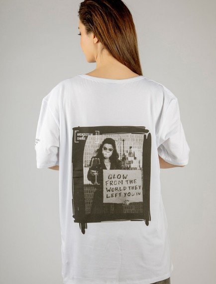 Woxxo Glow from the world Baskılı Unisex Oversize T-Shirt -Beyaz Lycralı Modal/Pamuk