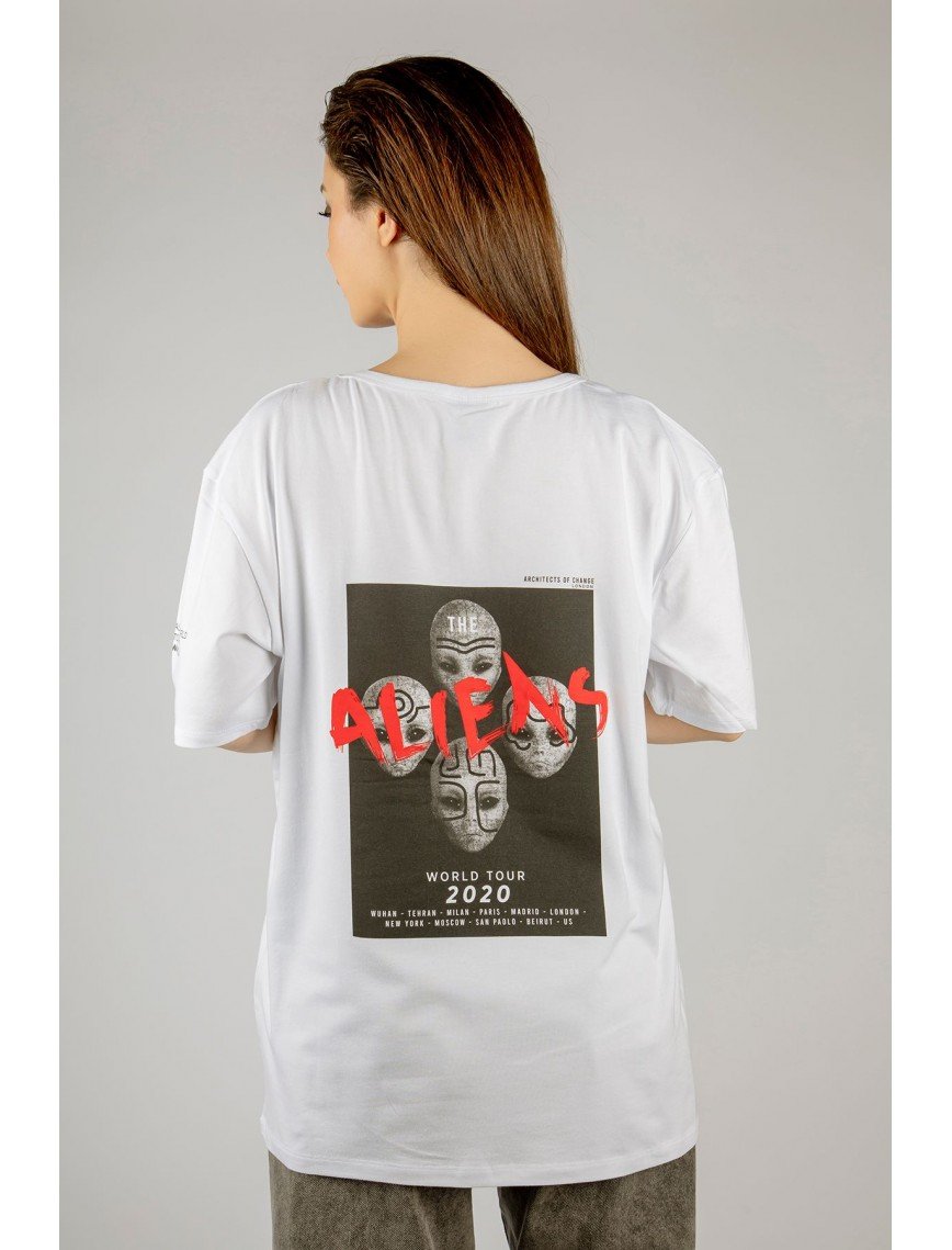 Woxxo Aliens Baskılı Unisex Oversize T-Shirt -Beyaz Lycralı Modal/Pamuk Woxxo Aliens Baskılı Unisex Oversize T-Shirt -Beyaz Lycralı Modal/Pamuk