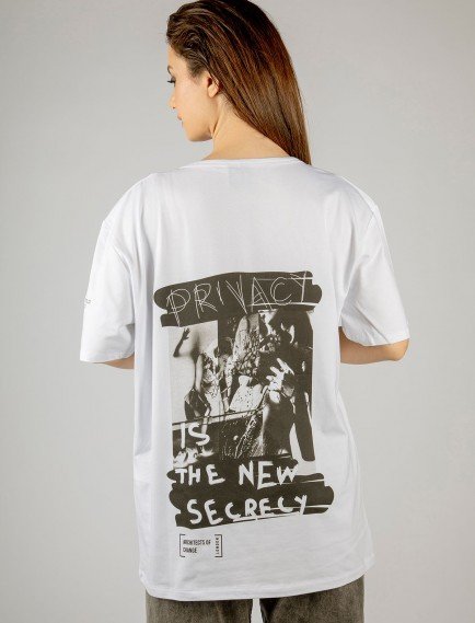Woxxo Privacy Baskılı Unisex Oversize T-Shirt -Beyaz Lycralı Modal/Pamuk