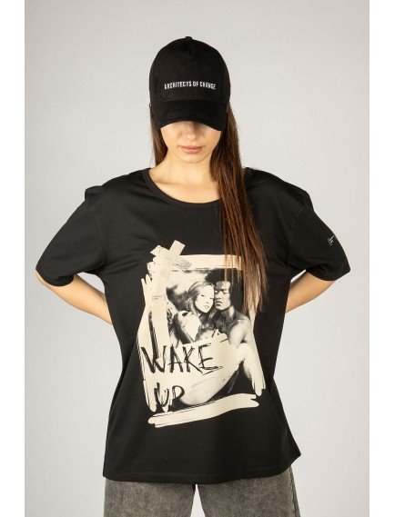 Woxxo Wake Up Baskılı Unisex Oversize T-Shirt -Siyah Lycralı Modal/Pamuk