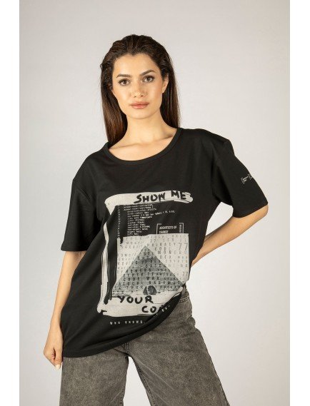 Woxxo Show me your code Baskılı Unisex Oversize T-Shirt -Siyah Lycralı Modal/Pamuk Woxxo Show me your code Baskılı Unisex Oversize T-Shirt -Siyah Lycralı Modal/Pamuk