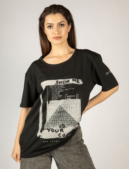 Woxxo Show me your code Baskılı Unisex Oversize T-Shirt -Siyah Lycralı Modal/Pamuk
