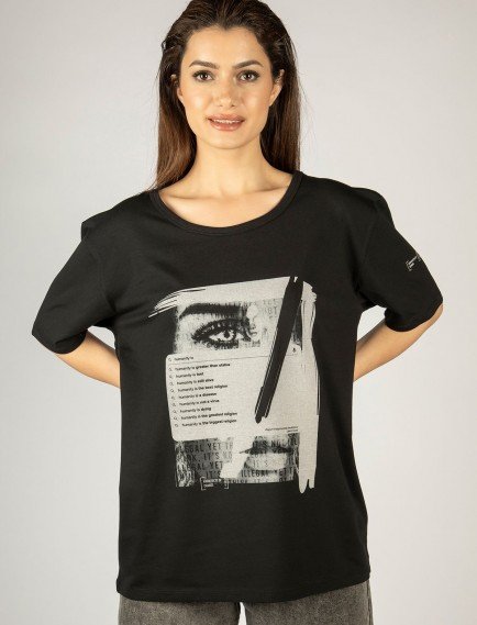 Woxxo Humanity Baskılı Unisex Oversize T-Shirt -Siyah Lycralı Modal/Pamuk