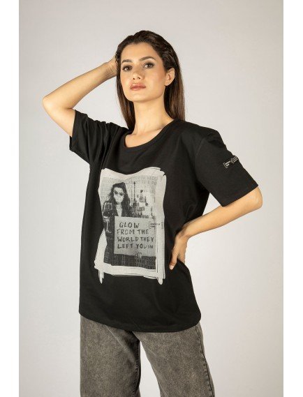 Woxxo Glow from the world Baskılı Unisex Oversize T-Shirt -Siyah Lycralı Modal/Pamuk