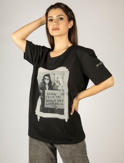 Woxxo Glow from the world Baskılı Unisex Oversize T-Shirt -Siyah Lycralı Modal/Pamuk