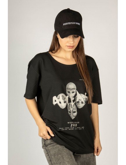 Woxxo Aliens Baskılı Unisex Oversize T-Shirt -Siyah Lycralı Modal/Pamuk