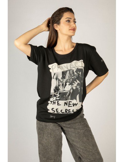 Woxxo Privacy Baskılı Unisex Oversize T-Shirt -Siyah Lycralı Modal/Pamuk