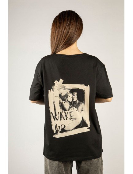 Woxxo Wake Up Baskılı Unisex Oversize T-Shirt -Siyah Lycralı Modal/Pamuk