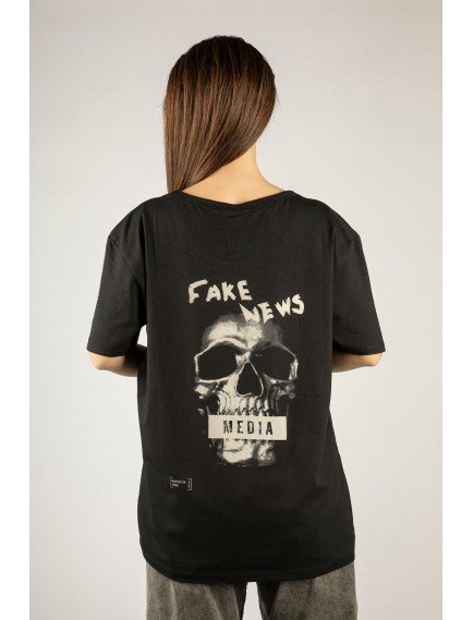 Woxxo Fake News Baskılı Unisex Oversize T-Shirt -Siyah Lycralı Modal/Pamuk