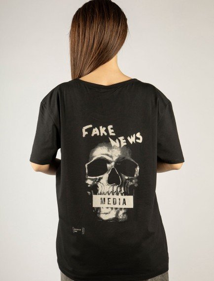 Woxxo Fake News Baskılı Unisex Oversize T-Shirt -Siyah Lycralı Modal/Pamuk
