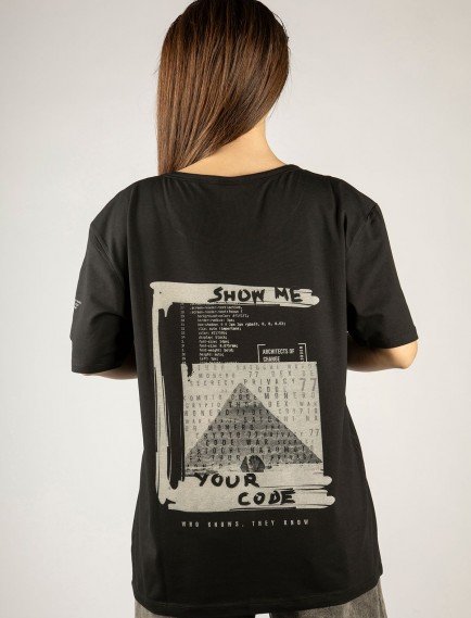 Woxxo Show me your code Baskılı Unisex Oversize T-Shirt -Siyah Lycralı Modal/Pamuk