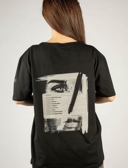 Woxxo Humanity Baskılı Unisex Oversize T-Shirt -Siyah Lycralı Modal/Pamuk
