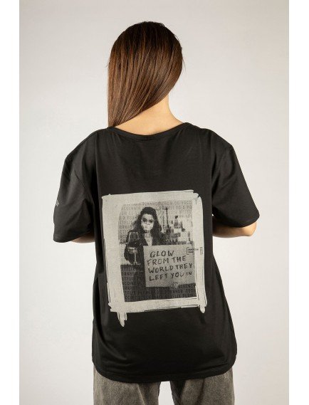 Woxxo Glow from the world Baskılı Unisex Oversize T-Shirt -Siyah Lycralı Modal/Pamuk