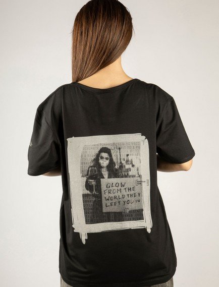 Woxxo Glow from the world Baskılı Unisex Oversize T-Shirt -Siyah Lycralı Modal/Pamuk