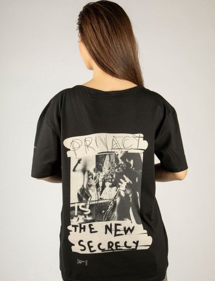 Woxxo Privacy Baskılı Unisex Oversize T-Shirt -Siyah Lycralı Modal/Pamuk
