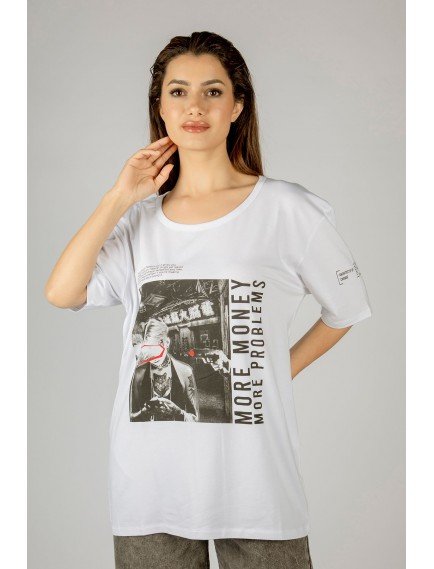 Woxxo More money more problems Baskılı Unisex Oversize T-Shirt -Beyaz Lycralı Modal/Pamuk Woxxo More money more problems Baskılı Unisex Oversize T-Shirt -Beyaz Lycralı Modal/Pamuk