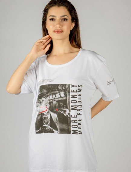 Woxxo More money more problems Baskılı Unisex Oversize T-Shirt -Beyaz Lycralı Modal/Pamuk