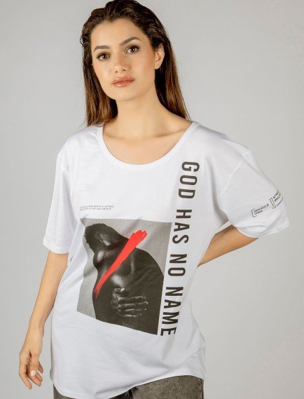 Woxxo God has no name Baskılı Unisex Oversize T-Shirt -Beyaz Lycralı Modal/Pamuk