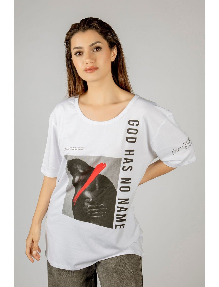 Woxxo God has no name Baskılı Unisex Oversize T-Shirt -Beyaz Lycralı Modal/Pamuk Woxxo God has no name Baskılı Unisex Oversize T-Shirt -Beyaz Lycralı Modal/Pamuk