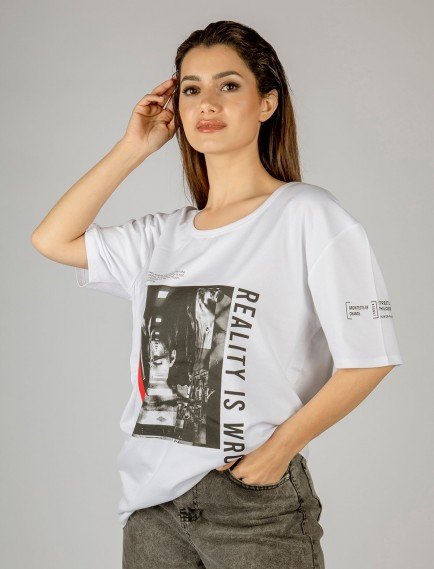 Woxxo Reality is Wrong Baskılı Unisex Oversize T-Shirt -Beyaz Lycralı Modal/Pamuk