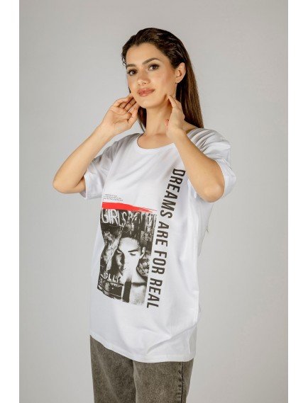 Woxxo Dreams are for real Baskılı Unisex Oversize T-Shirt -Beyaz Lycralı Modal/Pamuk