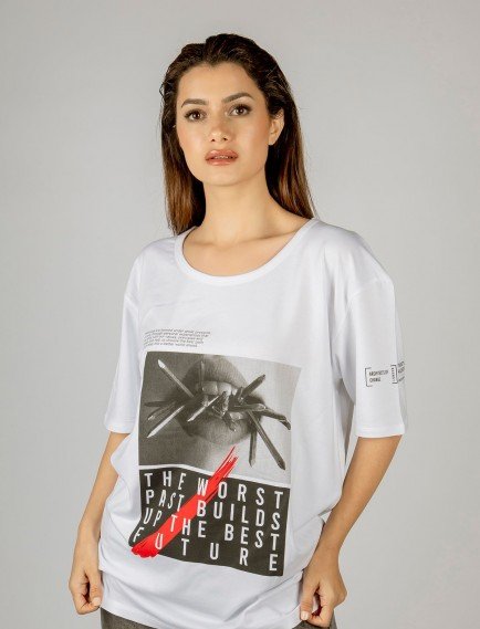 Woxxo The future Baskılı Unisex Oversize T-Shirt -Beyaz Lycralı Modal/Pamuk