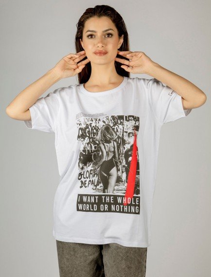 Woxxo I want the whole world on nothing Baskılı Unisex Oversize T-Shirt -Beyaz Lycralı Modal/Pamuk