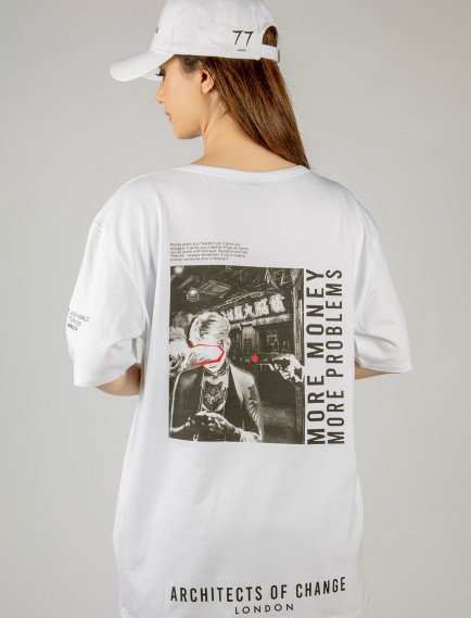 Woxxo More money more problems Baskılı Unisex Oversize T-Shirt -Beyaz Lycralı Modal/Pamuk