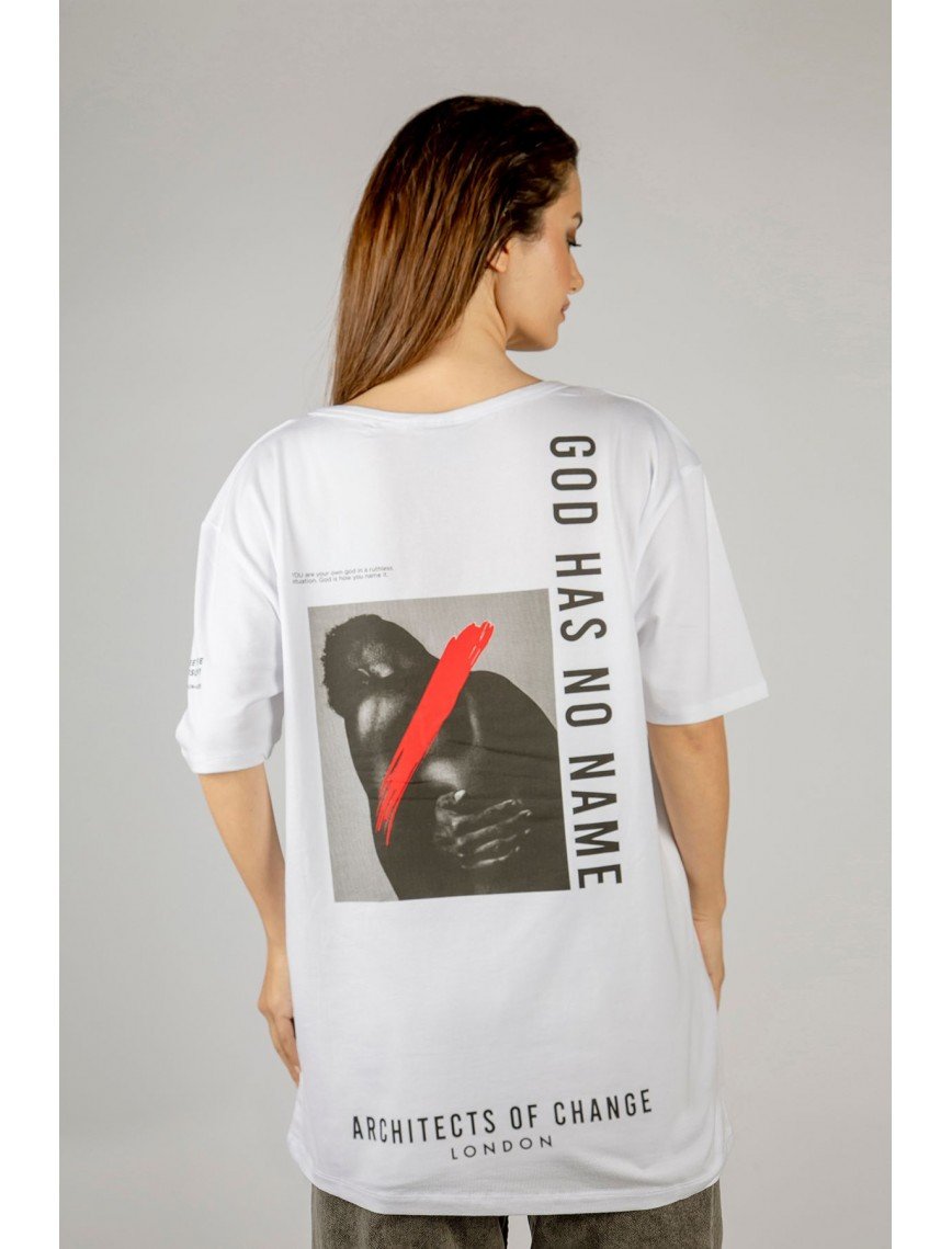 Woxxo God has no name Baskılı Unisex Oversize T-Shirt -Beyaz Lycralı Modal/Pamuk Woxxo God has no name Baskılı Unisex Oversize T-Shirt -Beyaz Lycralı Modal/Pamuk